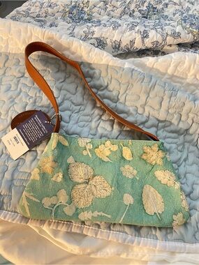 Floral Embroidered Mint Shoulder Bag with Tan Strap
